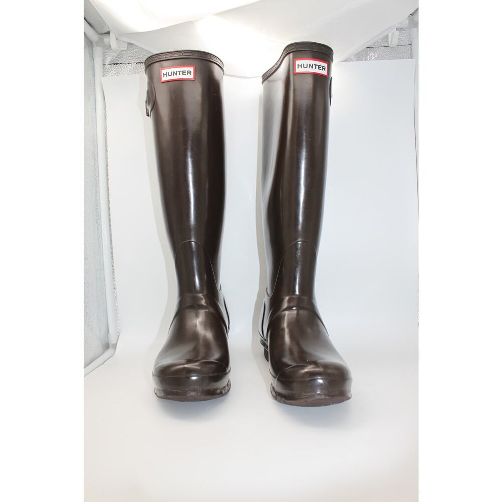 Hunter Dark Brown Original Gloss 16" Tall Waterproof Rain Boots Shoes Size 7M